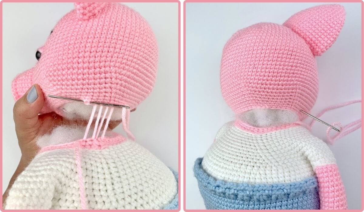 Attaching the crochet pig's head to the neck opening.
