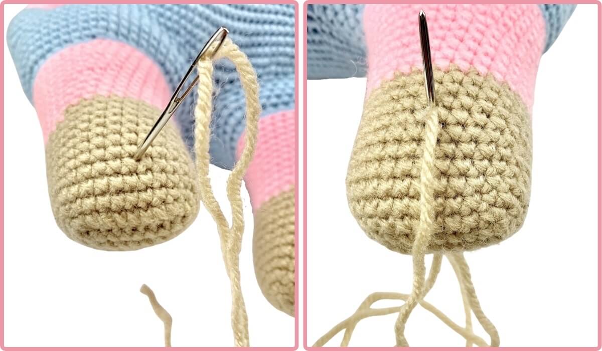 Shaping the Amigurumi pit's hooves using a needle and brown yarn