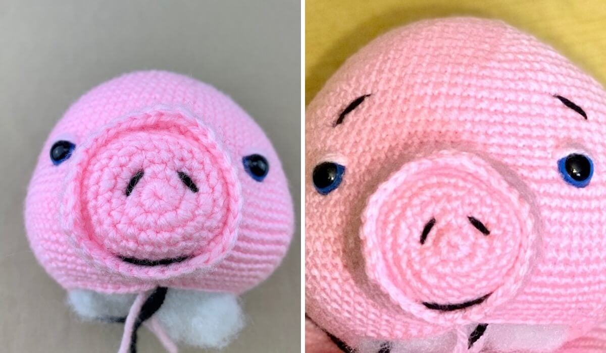 Embroidering the facial features on the Amigurumi pig with black yarn