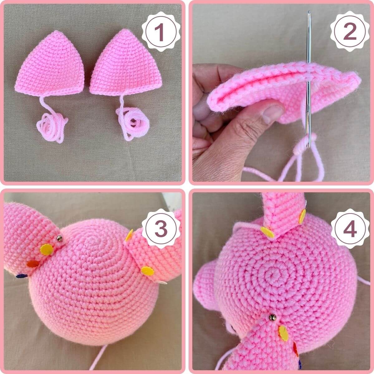 Small Amigugurmi pig ears made separately in pink yarn and sewn on the head