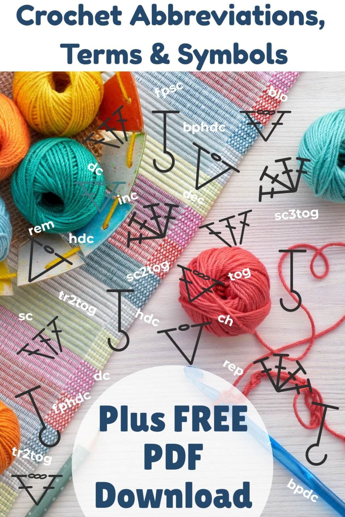 Colorful yarn and hooks background crochet abbreviations and terms for a free printable guide.