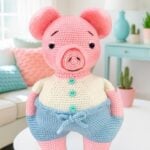 Finished amigurumi pig with pink yarn view from the side standing upright