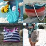A collage featuring four crochet bags in various styles to promote a roundup of crochet beach bag patterns