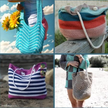 A collage featuring four crochet bags in various styles to promote a roundup of crochet beach bag patterns