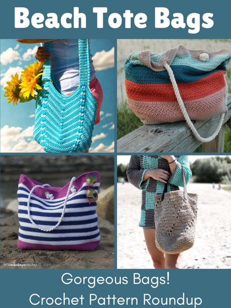 A collage featuring four crochet bags in various styles to promote a roundup of crochet beach bag patterns