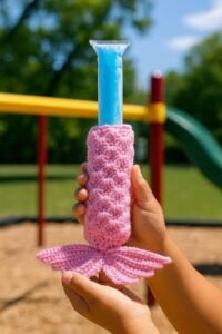 Close-up of kid's hands holding a freeze pop in a pink crochet holder