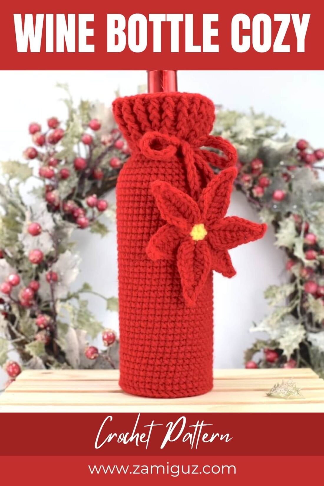 Front view of the crochet wine bottle cozy with textured ribbed stitches and holiday bottle inside.