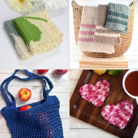 A collage of four kitchen crochet projects: a washcloth, a kitchen towel, a market bag and a heart scrubby.