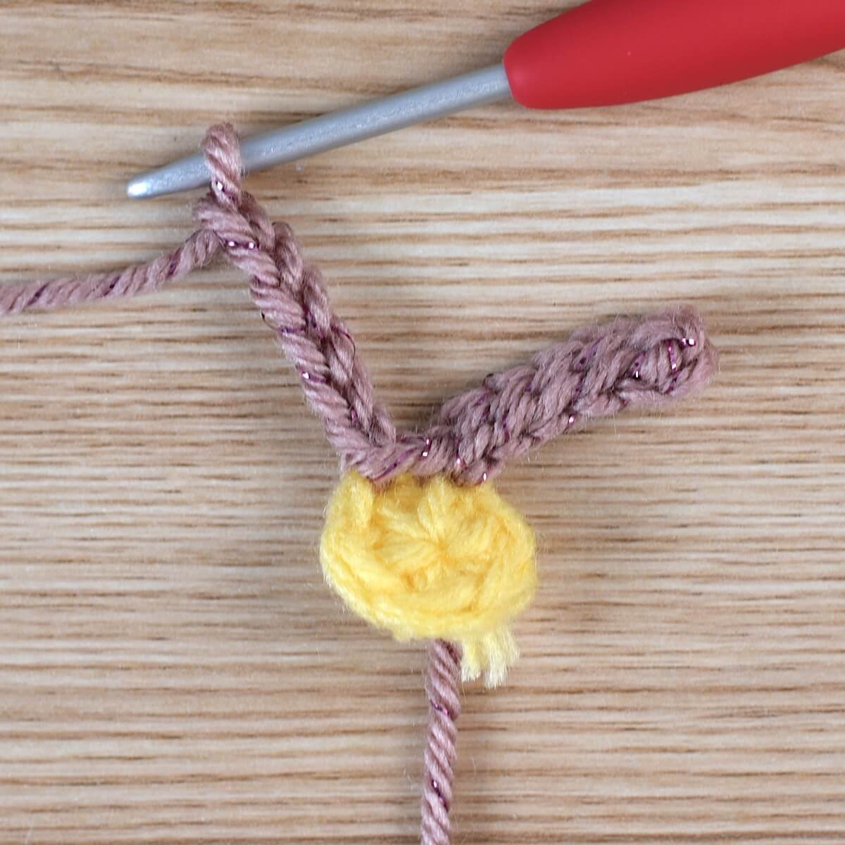 Crochet chains starting the first round of the base of the petals in pink yarn.