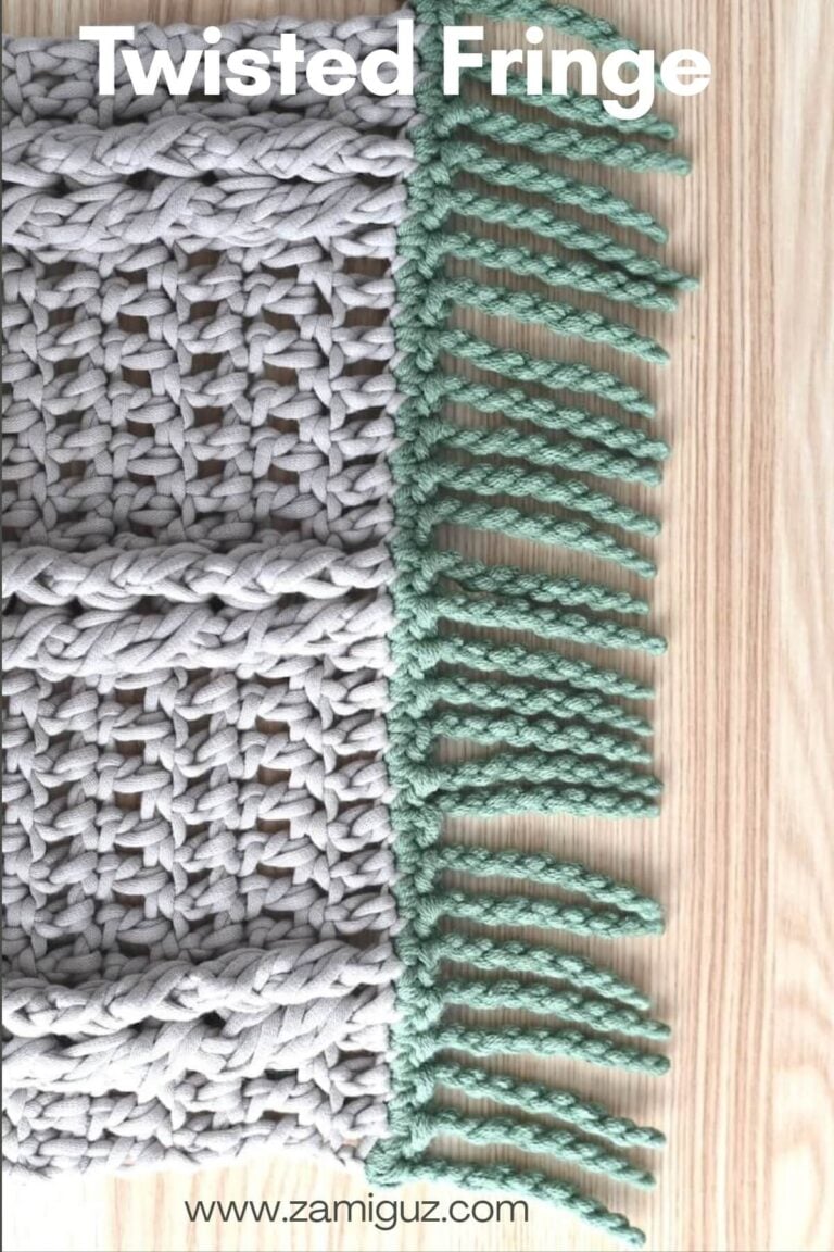 A close-up of a brown crochet swatch with a twisted fringe made with green yarn for crochet blankets.