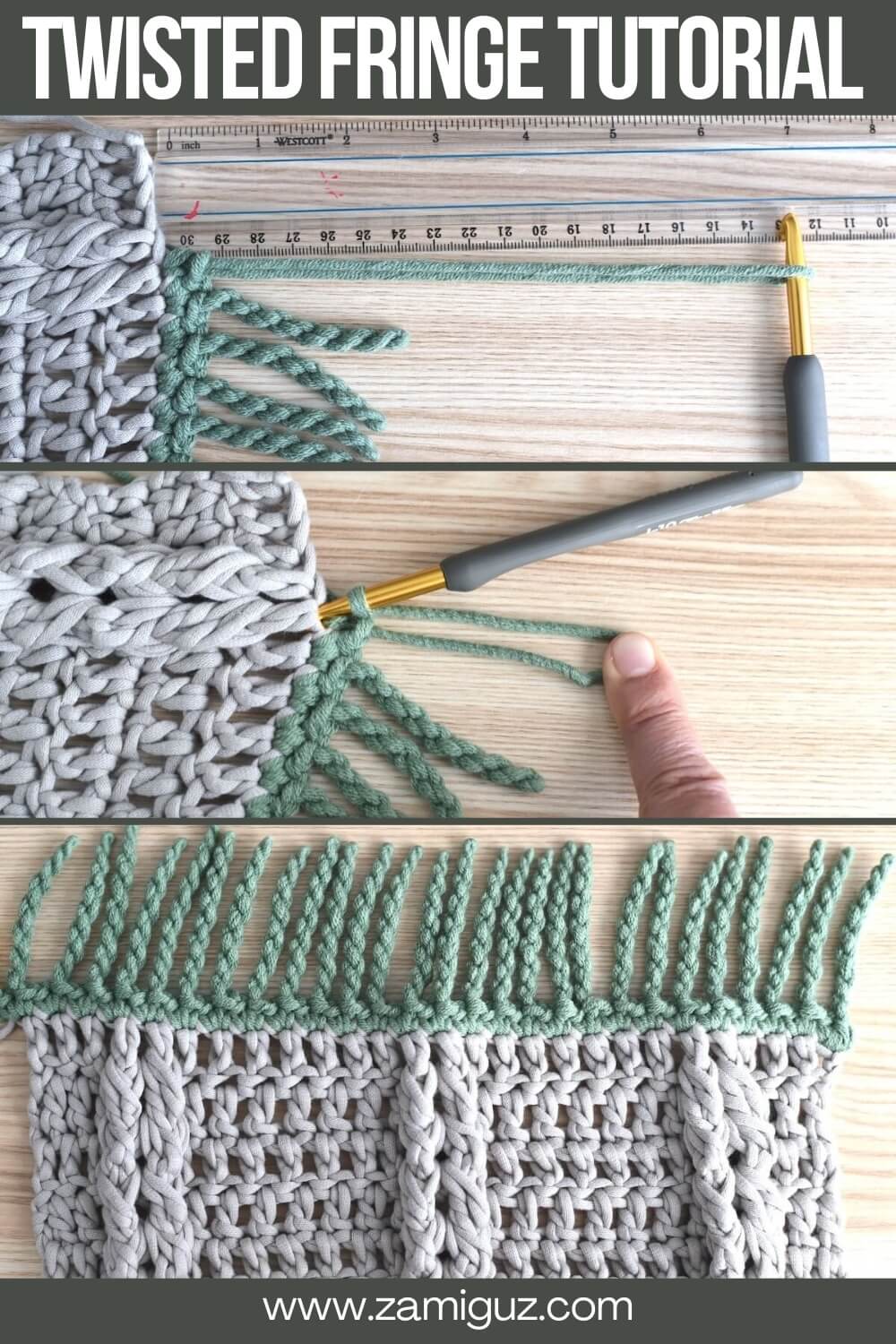 A collage of three step photos showing how make a twisted fringe for crochet blankets.