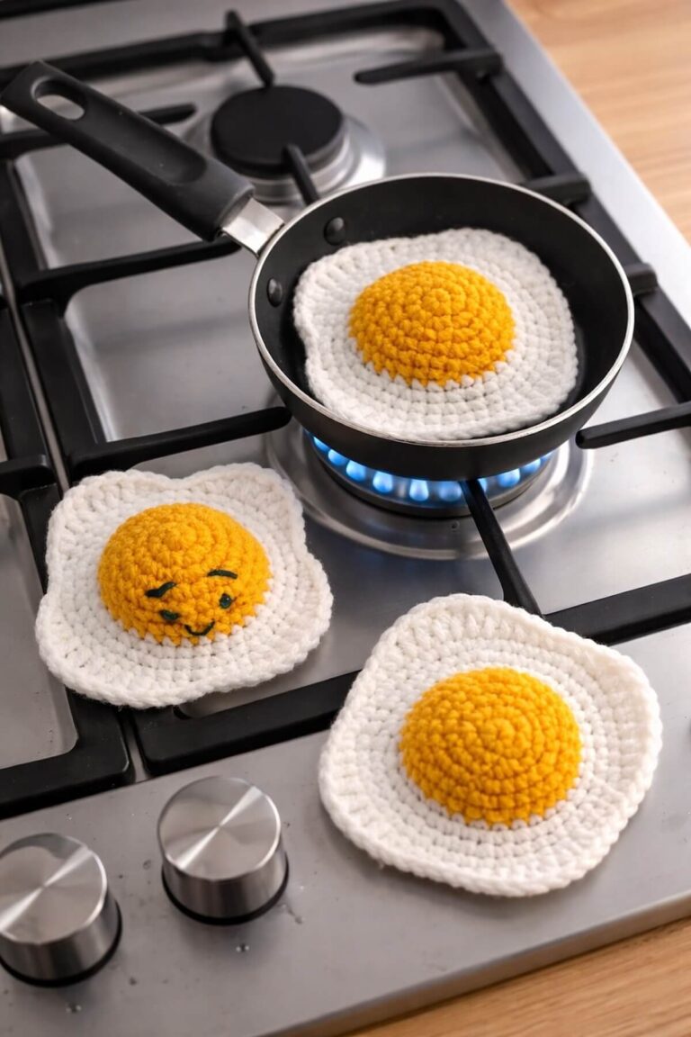 Three realistic crochet fried eggs on top of a kictchen stove.