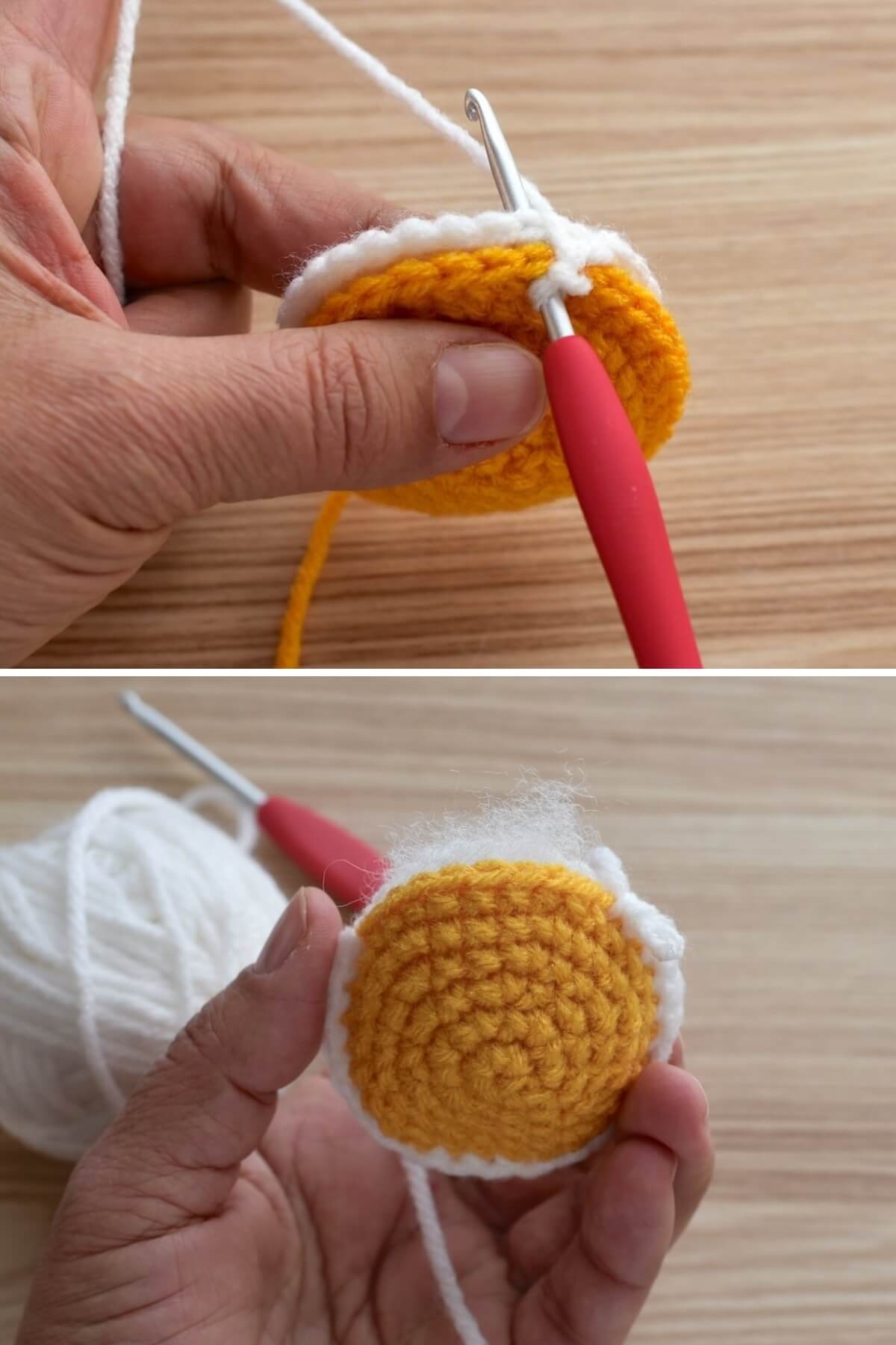 Crocheting the egg white section of a realistic crochet fried egg and attaching it to the yolk.