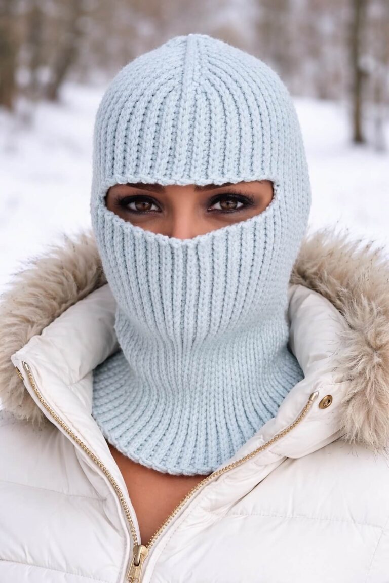 Handmade ribbed crochet balaclava pattern modeled on a mannequin in soft blue yarn.