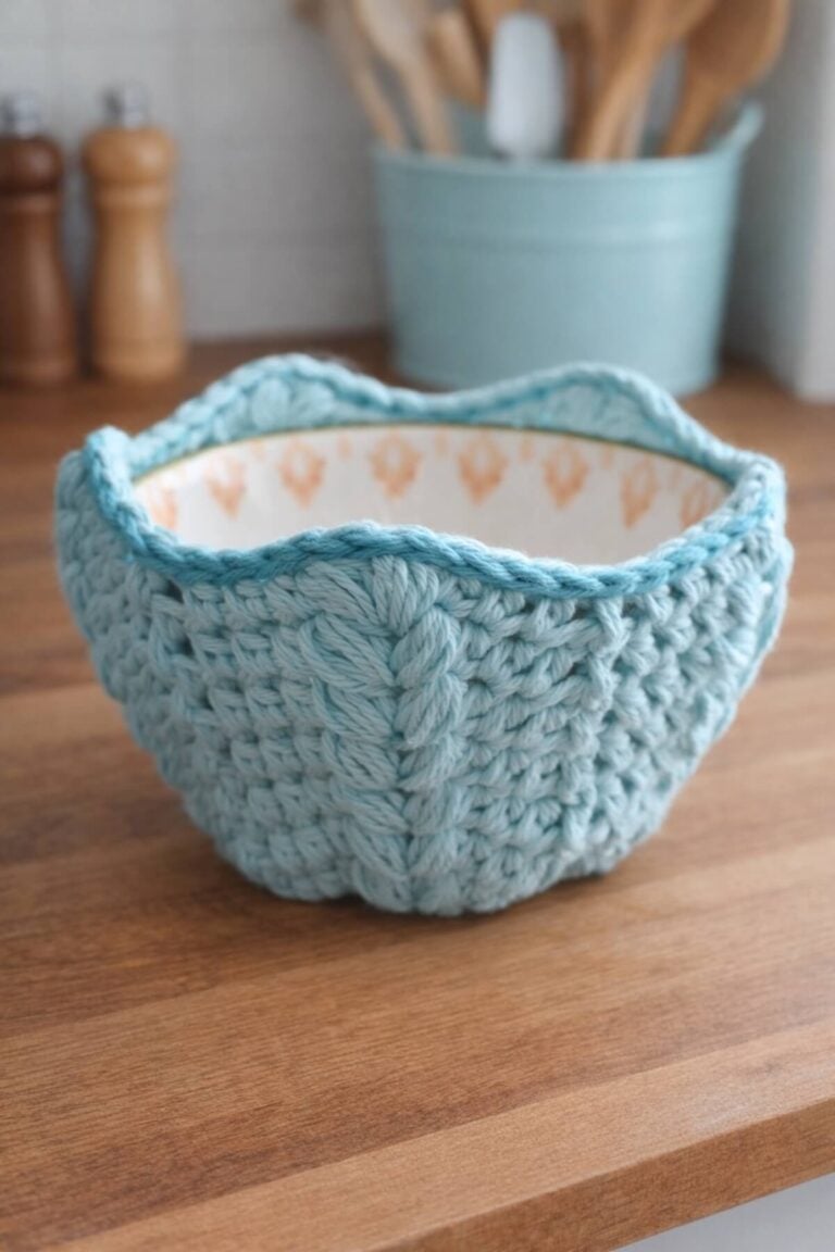 Handmade crochet bowl holder in light blue cotton yarn on a wooden kitchen counter