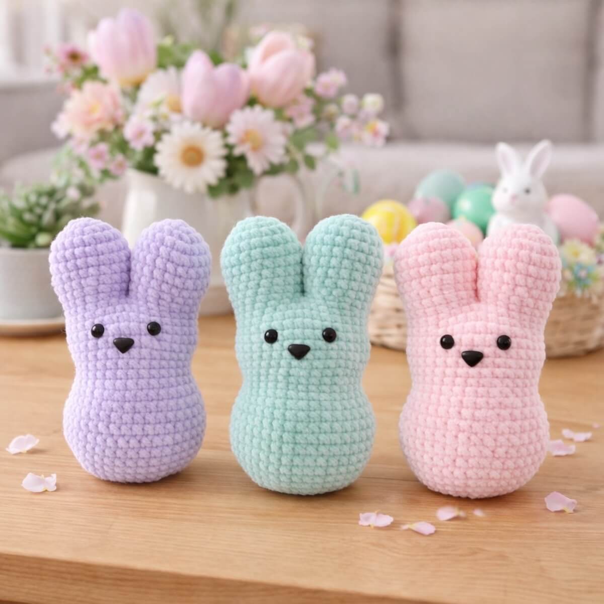 Three crochet peep bunnies in soft spring colors