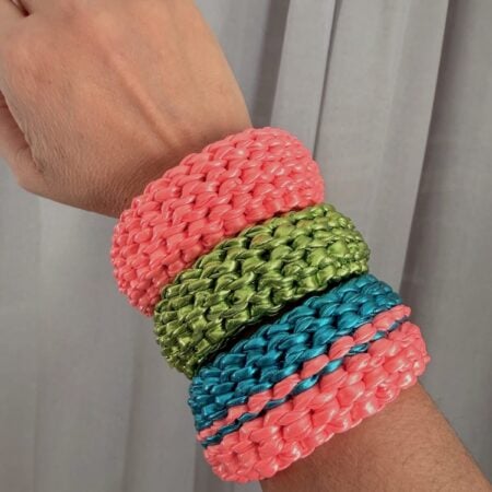 Handmade crochet bracelet made from bulky yarn textured stitches.