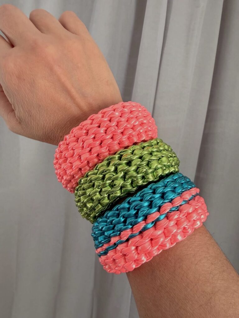 Handmade crochet bracelet made from bulky yarn textured stitches.