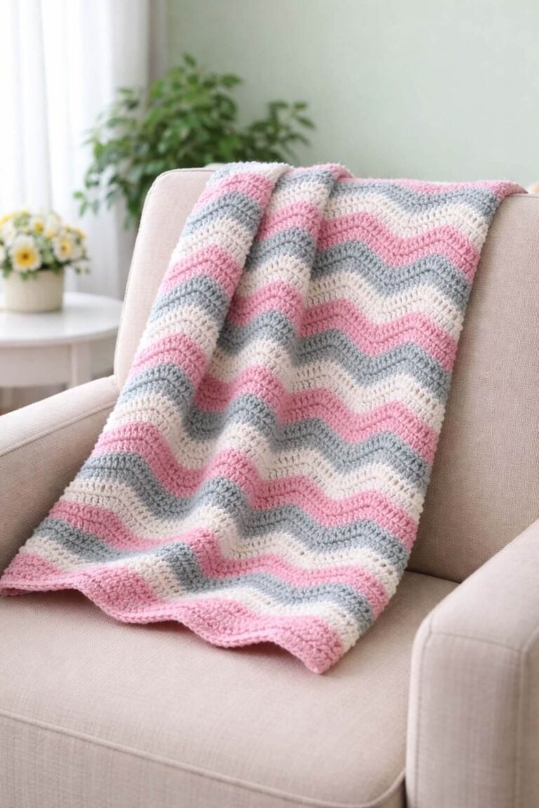 Pastel crochet ripple blanket draped over a beige accent chair in a bright living room.