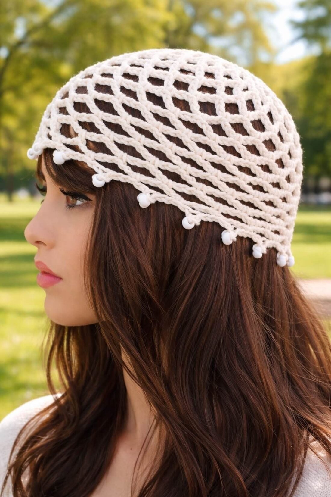 An off-white crochet skull cap made with mesh stitch worn by a brunette model, side view