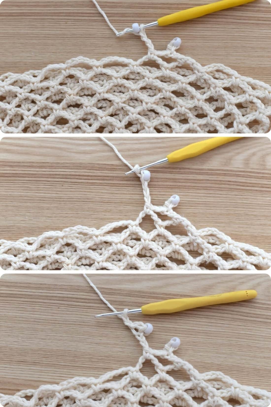 Collage showing how to add beads to the edge of a crochet mesh hat using a crochet hook, step-by-step