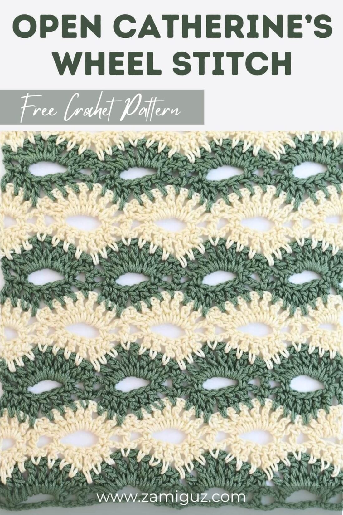 Open Catherine’s Wheel crochet stitch sample showing airy textured rows in two colors.