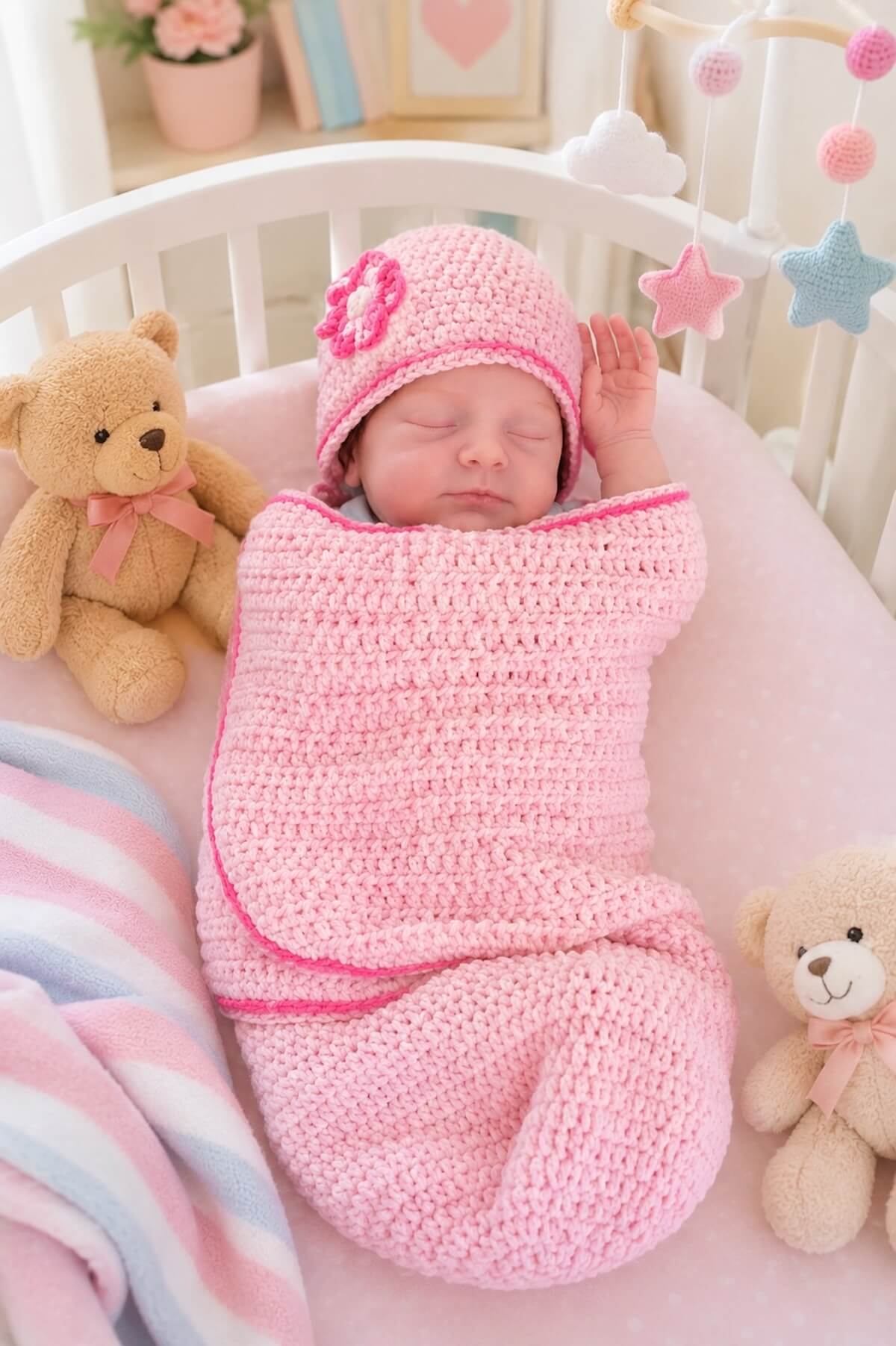 A sleeping baby in a crib wearing a pink crochet cocoon and hot pink trims, with a coordinating hat.