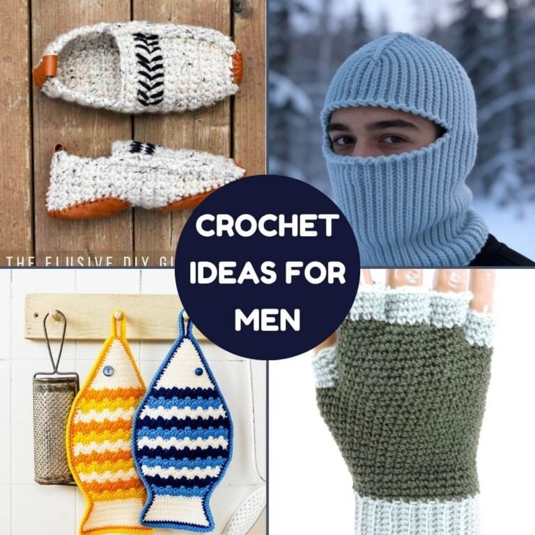 Collection of project ideas to crochet for men including hats, scarves, slippers, organizers, and other projects.