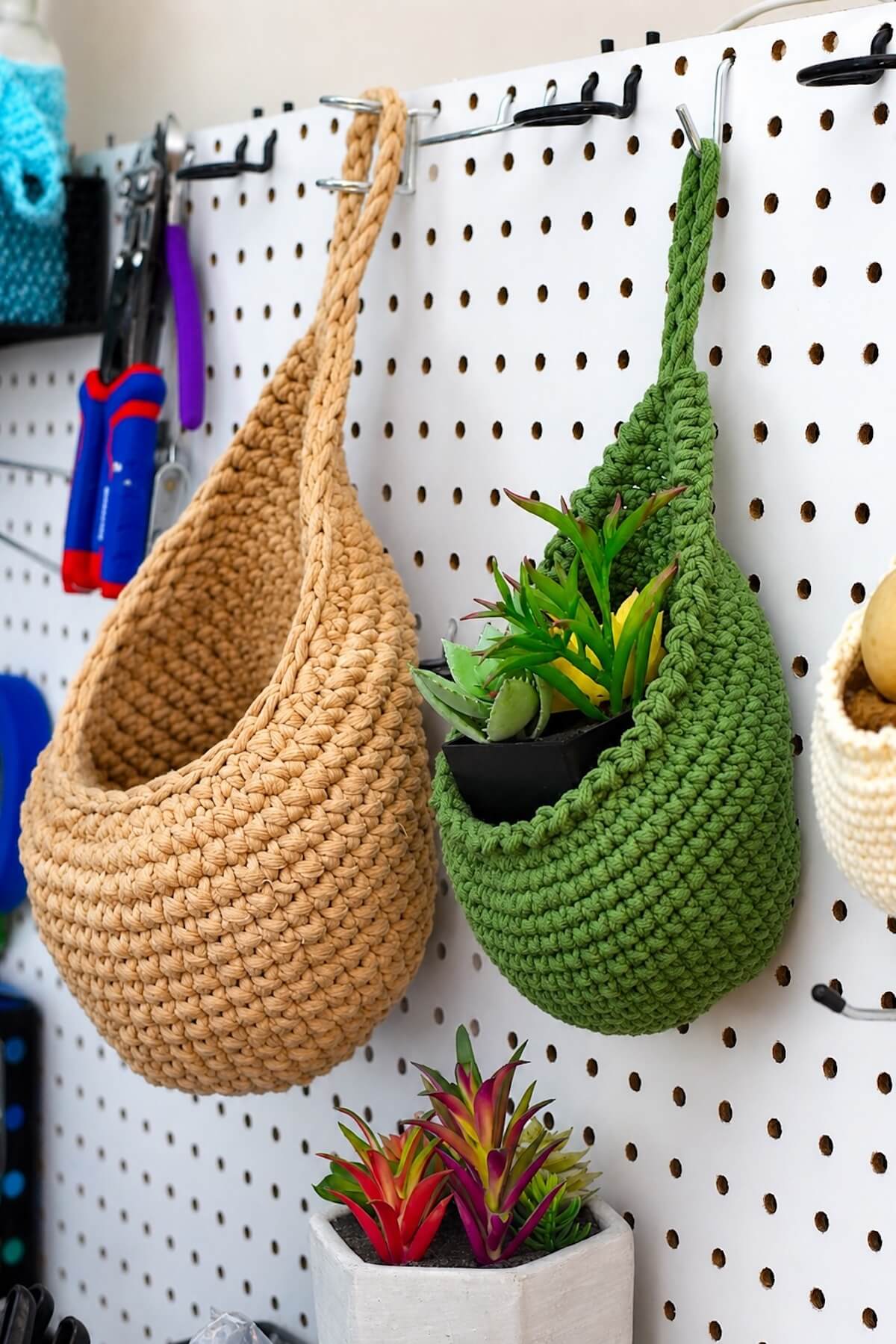 Crochet hanging basket pattern with three sample baskets in different yarn weights.