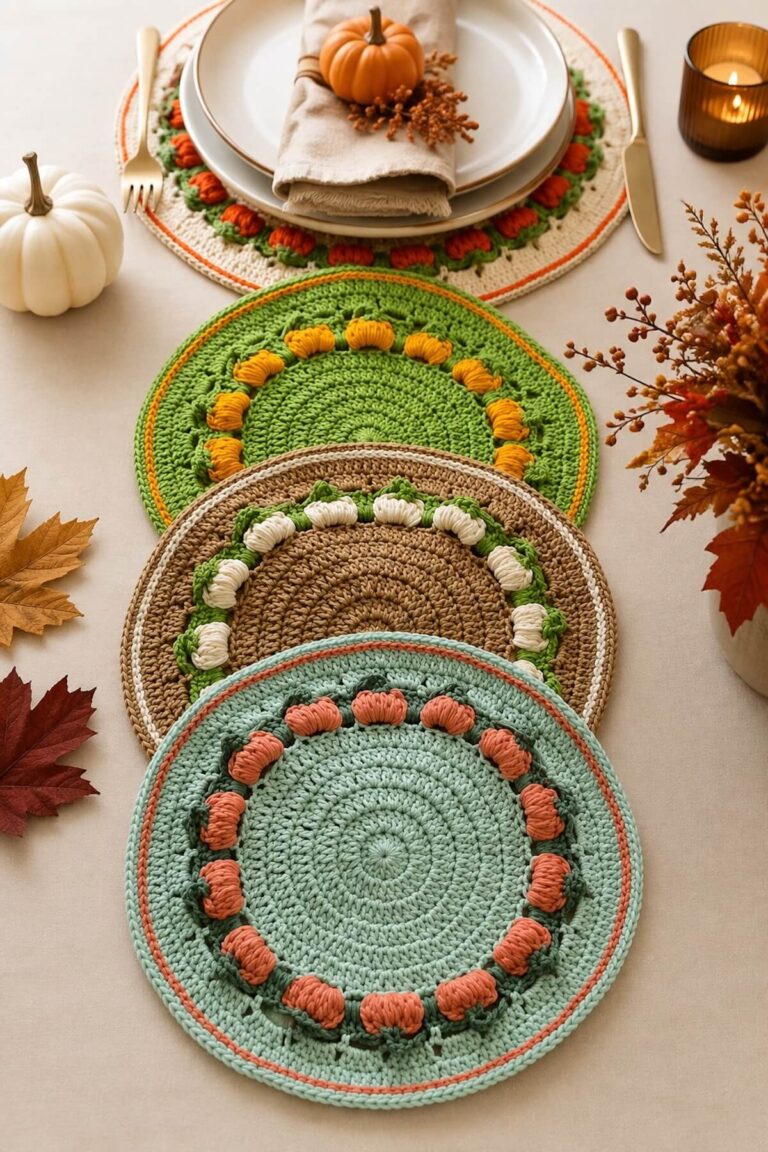 A crochet pumpkin placemat set in two sizes is decorating a Thanksgiving dining table.