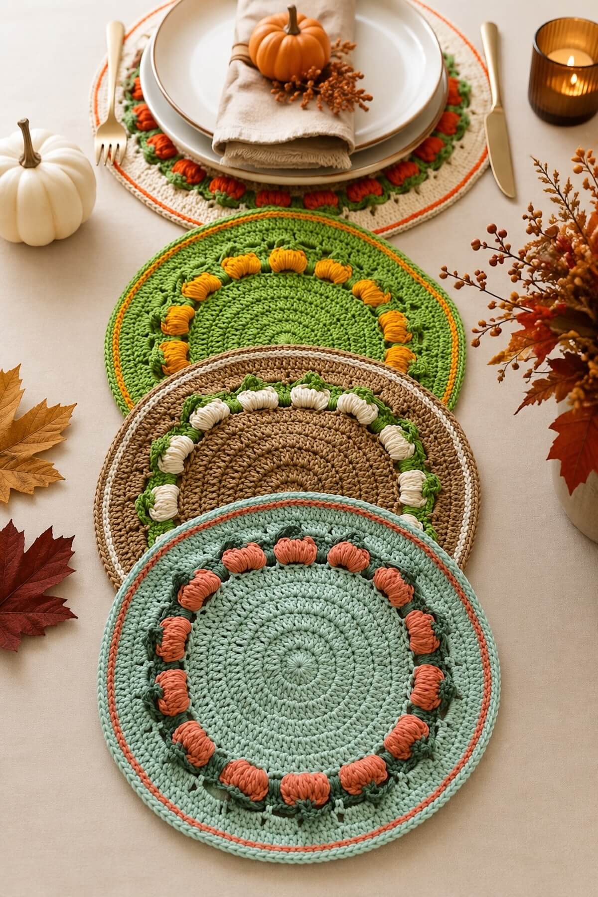 A crochet pumpkin placemat set in two sizes is decorating a Thanksgiving dining table.