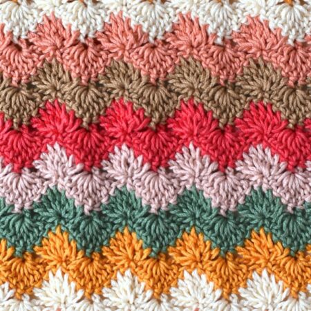 Close-up of the textured Ripple Harlequin crochet stitch showing colorful shells arranged in a ripple pattern.