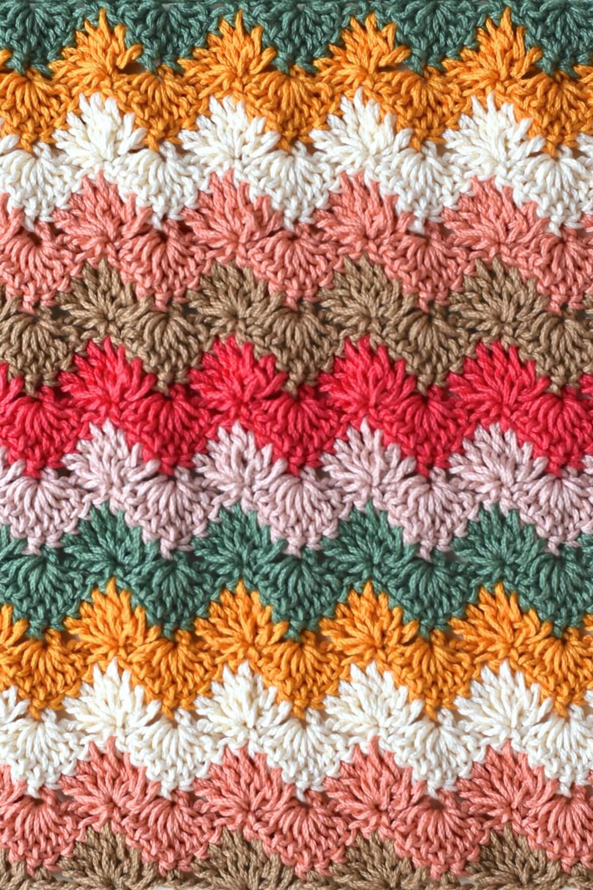 Close-up of the textured Ripple Harlequin crochet stitch showing colorful shells arranged in a ripple pattern.