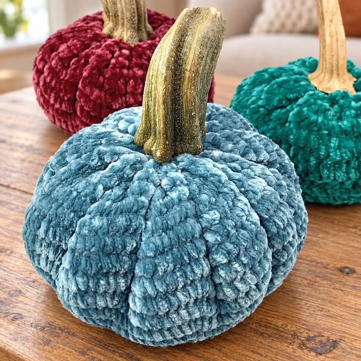 Close-up of blue, burgundy, and teal velvet crochet pumpkins.
